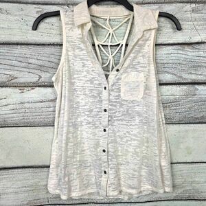 Vanity Ivory Burnout Button Front Lace Up Tank Top L